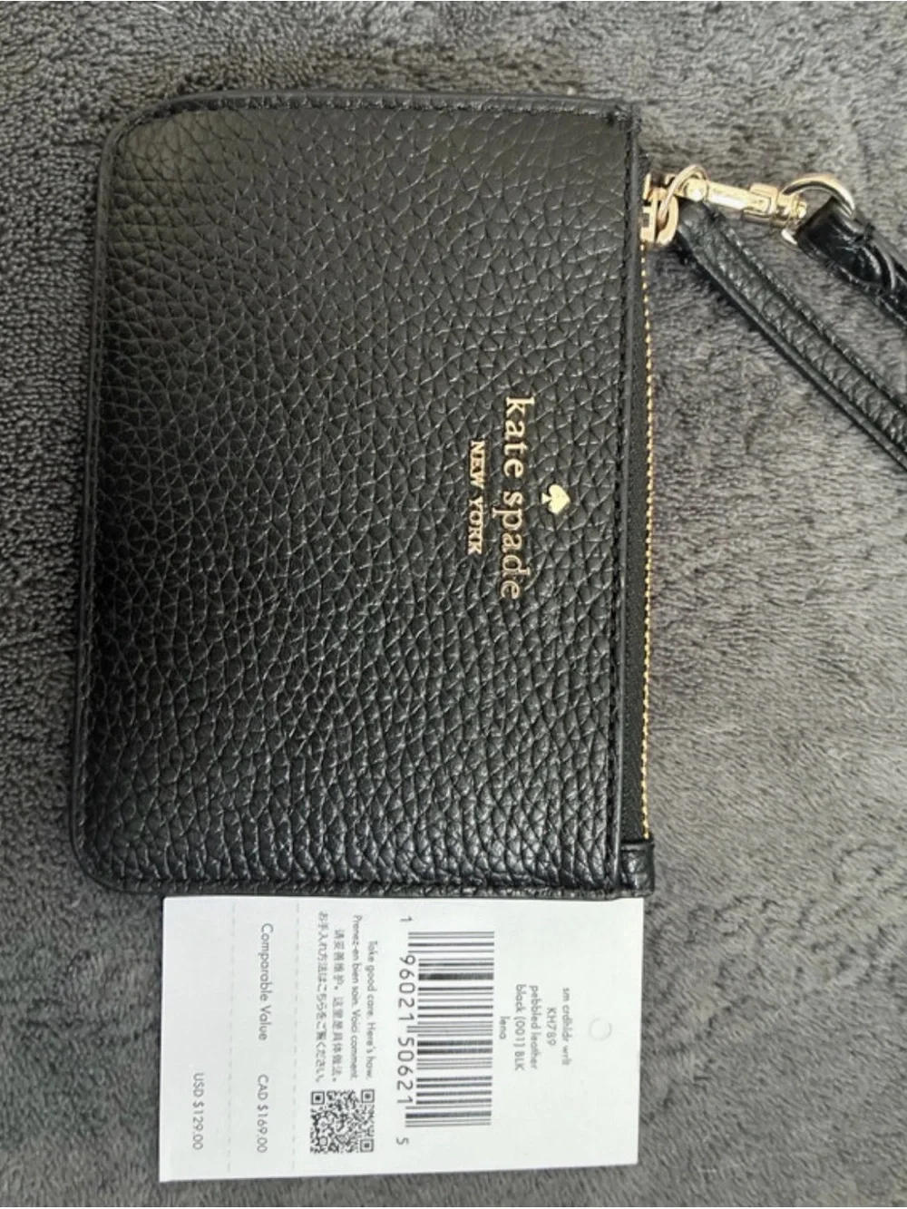Kate Spade Black Pebbled Leather Wristlet Card Holder with Gold Logo
